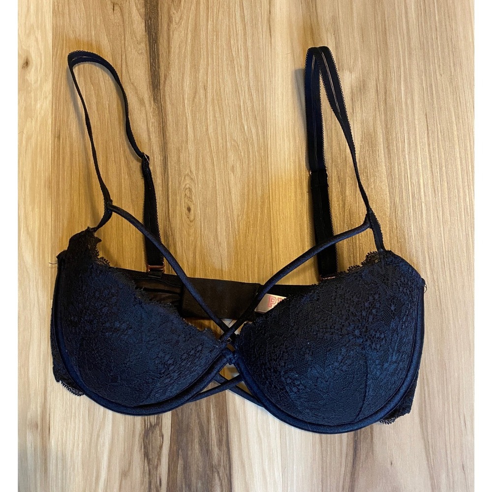 Victorias Secret PINK Date Push Up Bra 32DD Black Lace Strappy Cage Underwire